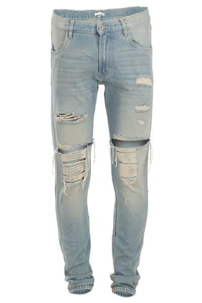 Light Indigo Dirty Ripped Jeans Urban Fitted Distressed Bottoms, Rugged Fitted Distressed Bottoms, Rugged Distressed Fitted Bottoms, Urban Style Distressed Stretch Bottoms, Urban Style Stretch Ripped Bottoms, Urban Stretch Ripped Bottoms, Urban Fitted Distressed Pants, Fitted Ripped Bottoms For Streetwear, Ripped Fitted Bottoms For Streetwear