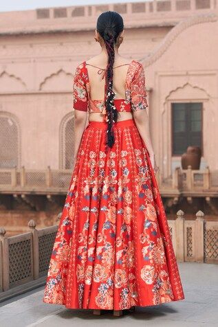 Red bemberg silk lehenga with floral digital printed motifs and sequins embroidery. Comes with a zari embroidered blouse. - Aza Fashions Silk Lehenga With Printed Motifs For Reception, Floor-length Lehenga With Printed Motifs For Wedding, Silk Wedding Lehenga With Printed Motifs, Bollywood Wedding Choli With Printed Motifs, Floor-length Wedding Choli With Printed Motifs, Wedding Floor-length Choli With Printed Motifs, Festive Printed Motifs Lehenga For Reception, Festive Lehenga With Printed Motifs For Reception, Festive Printed Lehenga For Reception