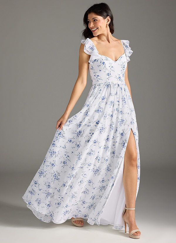 AZAZIE NALIN - Bridesmaid Dresses Highschool Dance, Party Moodboard, Floral Bridesmaid Dress, Blue Floral Dresses, Annie Dress, Floral Bridesmaid Dresses, Ball Ideas, Print Chiffon Dress, Blue Cottage