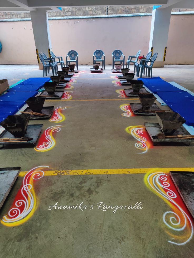 an empty room with chairs and tables painted on the floor