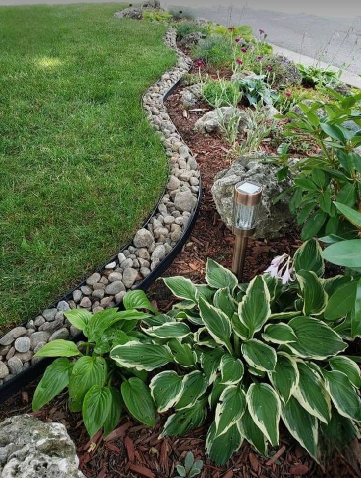 a garden filled with lots of different types of plants and rocks on the side of a road