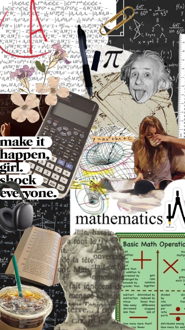 a collage with many different things in it including books, calculator and other items