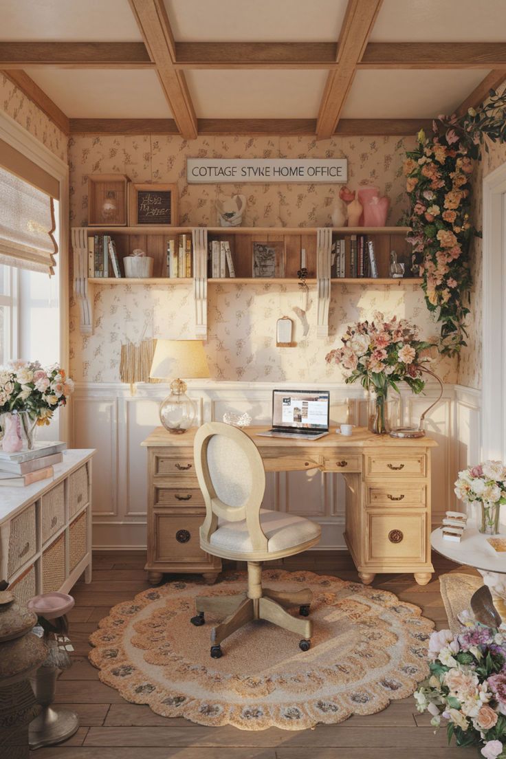 a home office with floral wallpaper and white furniture, along with flowers in vases