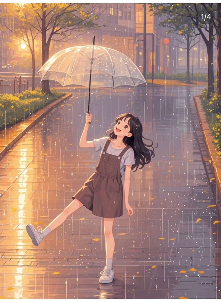 a painting of a girl holding an umbrella on a rainy day with rain falling all around her