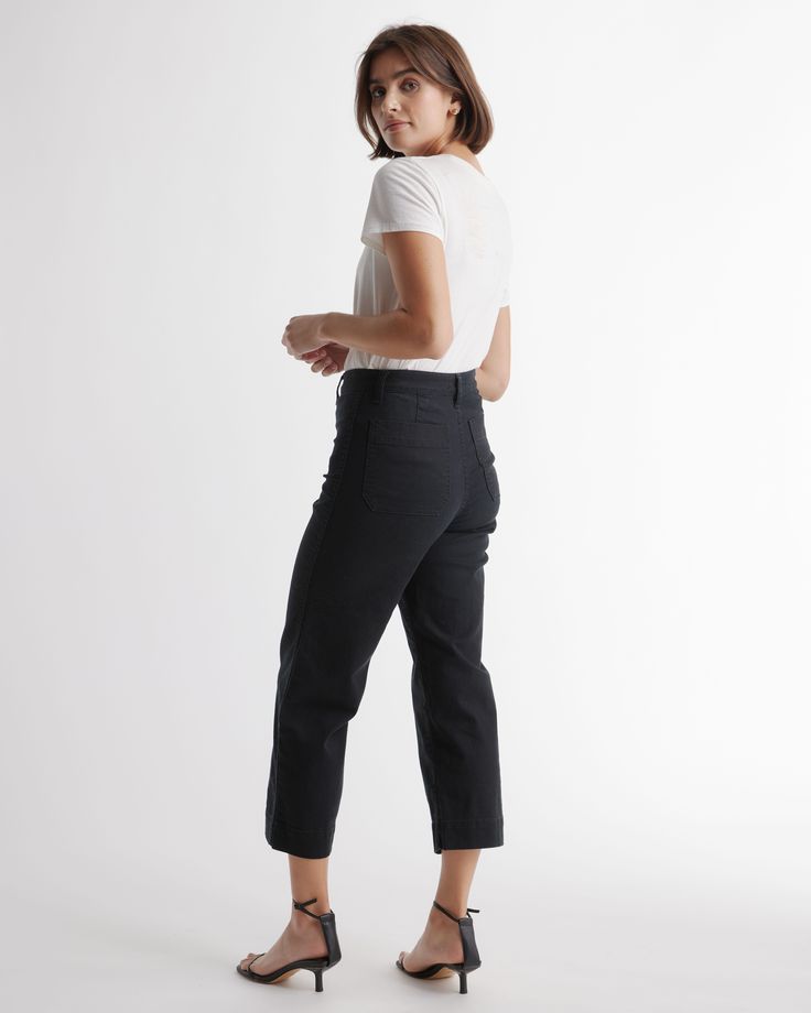 Comfy. Cotton. Crop. Our stretch cotton twill wide legs perfectly pair with a shorter top, and the organic cotton twill has a softer handfeel. With a flattering, cropped length and a wide leg, they're soft and stretchy for ideal comfort and fit.  | Quince | Women's Cropped Wide-Leg Chino Pants in Black, Stretch Cotton Twill, Size 30 Chino Cotton Twill Ankle Pants For Work, Chino Cotton Twill Ankle-length Work Pants, High-waisted Cotton Chinos For Work, Cotton Tapered Leg Work Pants, Everyday Cotton Wide Leg Pants With Relaxed Fit, Everyday Relaxed Fit Cotton Wide Leg Pants, Wide Leg Cotton Capris, Versatile High-waisted Wide Leg Cotton Pants, Versatile High-waisted Cotton Wide Leg Pants