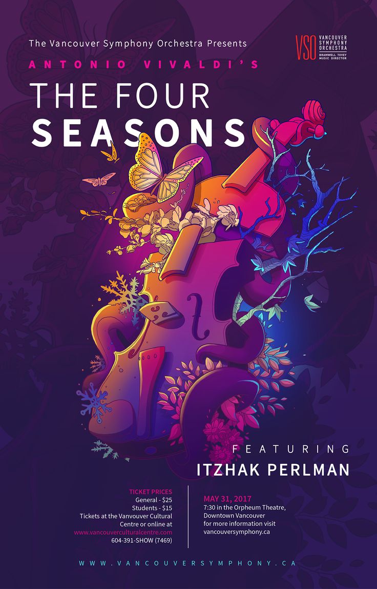 the four seasons poster for an upcoming show, featuring violin and butterflies on purple background