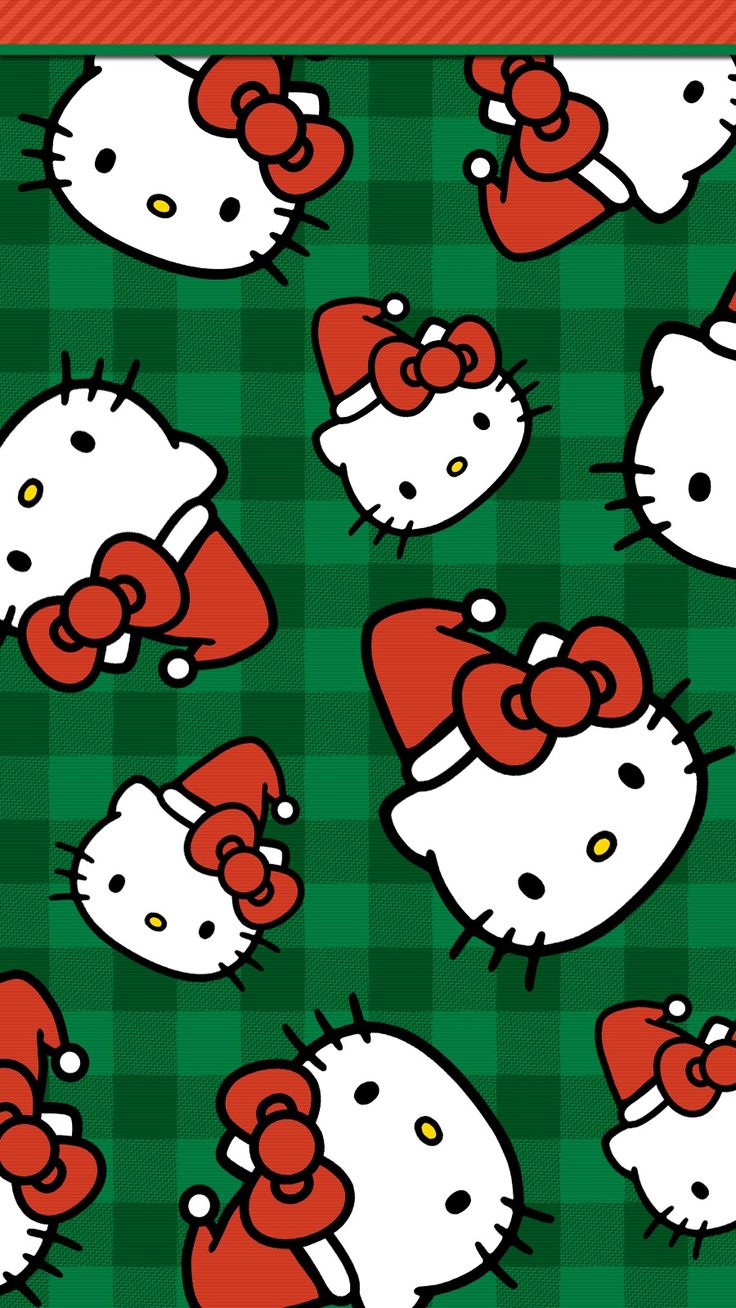 hello kitty wallpaper with red and white bows on green checkerboard pattern background