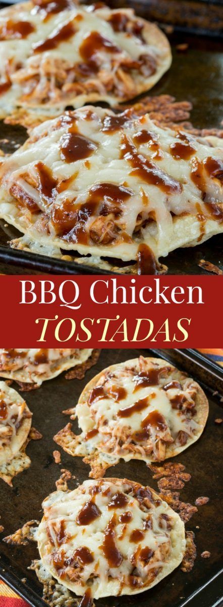 bbq chicken tostadas on a baking sheet in the oven with text overlay