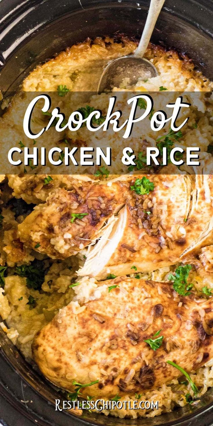 crock pot chicken and rice in a slow cooker with the words crock pot chicken and rice