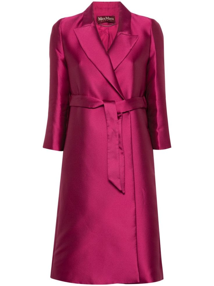 fuchsia pink satin finish notched lapels long sleeves two side slash pockets central rear vent full lining straight hem detachable waist belt Max Mara Pink Coat, Pink Coat, Versace Outfit, Oversized Coat, City Dress, Belted Coat, Church Outfits, Outerwear Coats, Summer Beach Wear