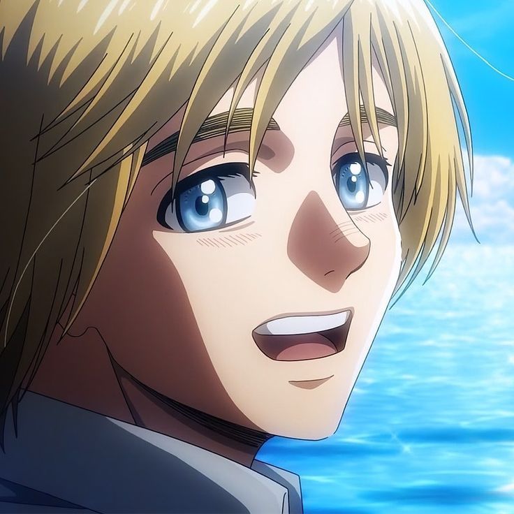 an anime character with blonde hair and blue eyes looking at the camera while standing in front of water