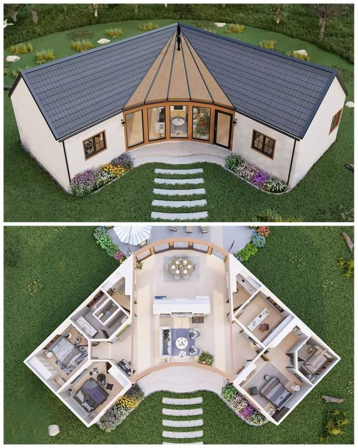 two views of a house from above and below