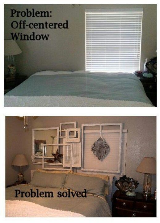 before and after pictures of a bed with white linens on it, the bottom photo shows an off - centered window