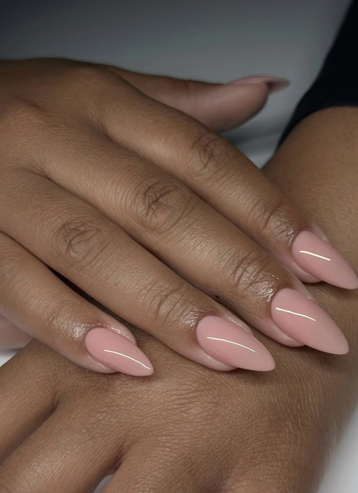 Short Almond Nails Dip Powder, Almond Nude Pink Nails, High Class Nails, Slim Almond Nails, Almond Nails On Chubby Hands, Simple Solid Color Nails, Almond Nails Solid Color, Nude Nails Black Women, Rose Quartz Nails