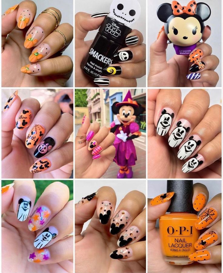 Disney Nails October, Disney Nails Halloween Easy, Disney Nail Designs Halloween, Halloween Nails With Stickers, Tropical Halloween Nails, Minnie Mouse Halloween Nails, Disney Spooky Nails, Disney Halloween Nails Simple, Disney Halloween Nail Art