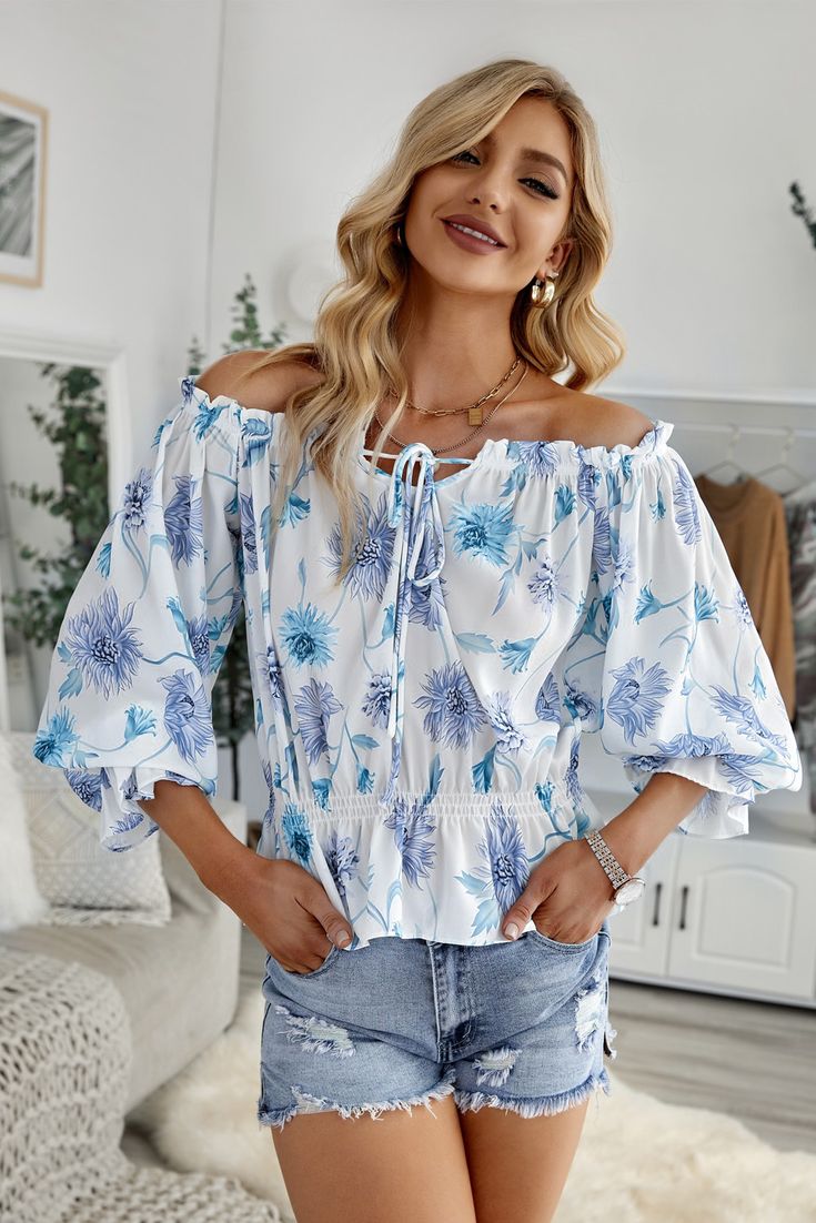 Sky Blue Floral Print Off The Shoulder Blouse Light Blue Blouse For Vacation In Spring, Light Blue Blouse For Spring Vacation, Blue Tops For Spring Vacation, Light Blue Floral Print Blouse For Vacation, Blue Off-shoulder Tops For Spring, Spring Vacation Blue Peasant Top, Chic Light Blue Floral Print Top, Blue Blouse For Spring Vacation, Spring Blue Peasant Top For Vacation