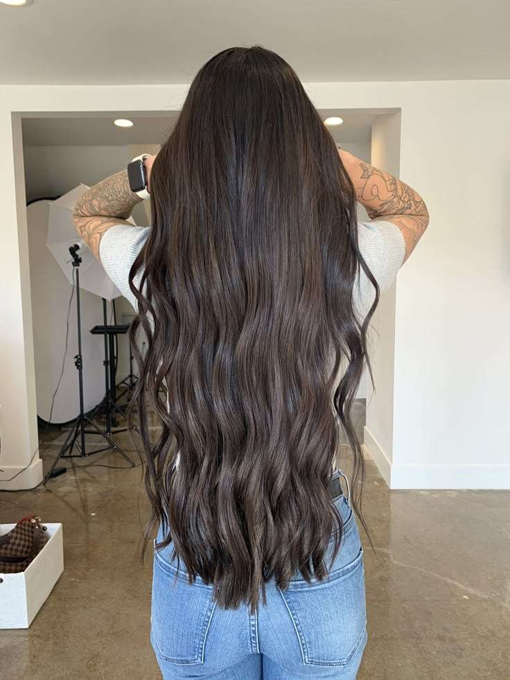 Long dark brown hair, wavy curls Waist Length Dark Brown Hair, Long Thick Dark Brown Hair, Long Dark Brown Hair Aesthetic, Long Hair Wavy Curls, Long Thick Brown Hair, Long Brown Hair Styles, Long Brown Hair Aesthetic, Long Wavy Dark Hair, Long Dark Wavy Hair