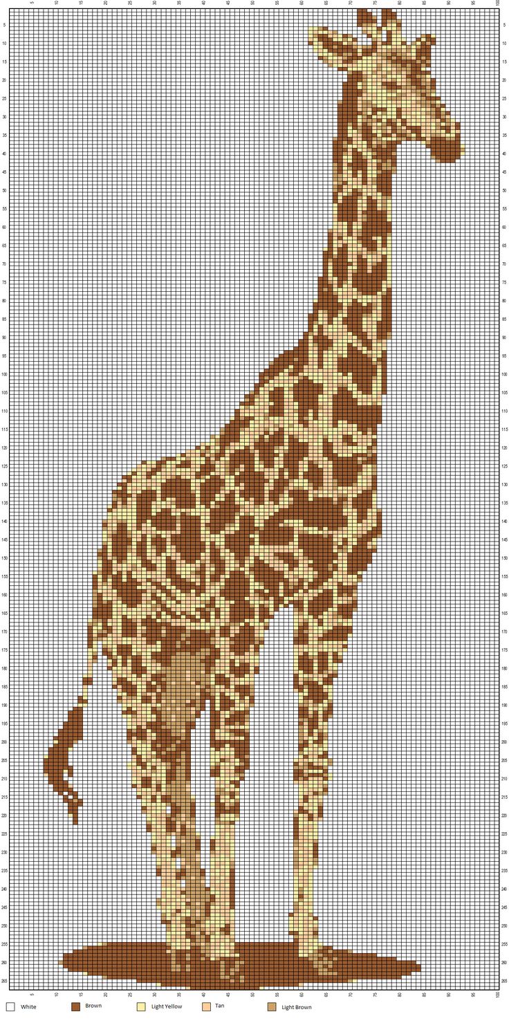 a cross stitch giraffe standing in front of a blue sky with brown spots