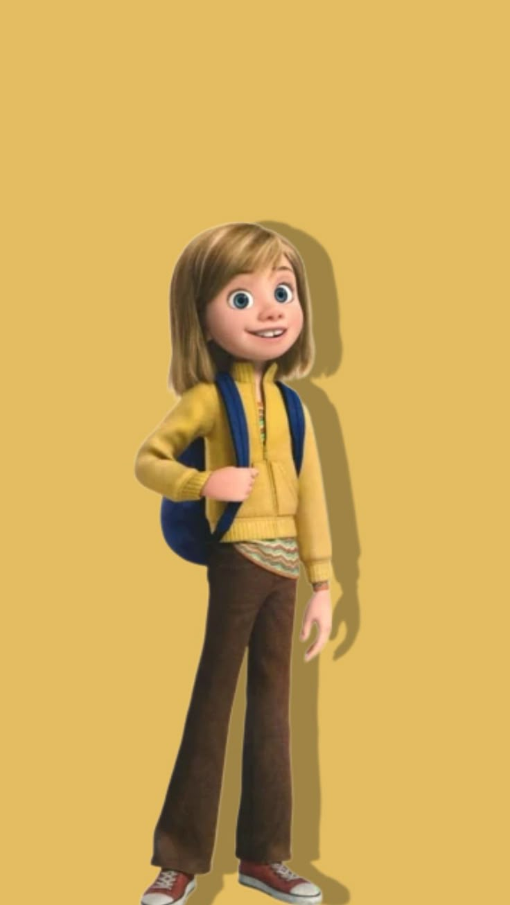 a cartoon girl standing in front of a yellow wall with her hands on her hips