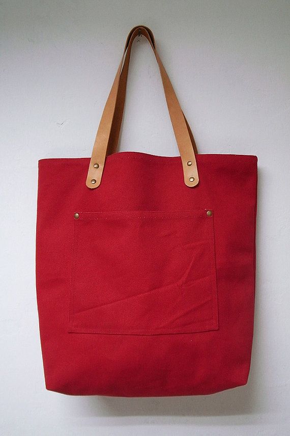 Leathinity - Red Canvas Tote Bag w/ Genuine Leather Handles - Eco Friendly Canvas Leather Tote, Tote Bags Sewing, Red Canvas, Eco Bag, Jute Bags, Linen Bag, Denim Bag, Fabric Bags, Fabric Bag