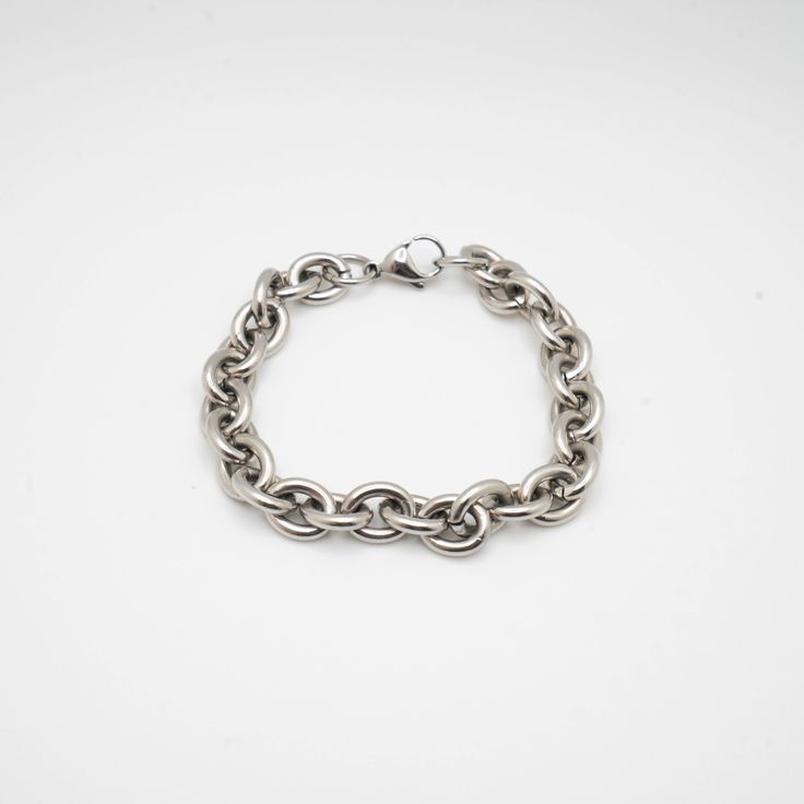 Cable chain link Stainless steel 9mm width Lobster clasp Metal Cuban Link Bracelet With Oval Links, Everyday Metal Chain Bracelet With Stainless Steel Clasp, Stainless Steel Chain Link Bracelet For Everyday, Classic Stainless Steel Chain Link Bracelet, Metal Chain Link Bracelets, Classic Metal Chain Bracelet With Chunky Chain, Nickel Free Chain Link Bracelet For Everyday, Silver Link Chain Bracelet, Everyday Silver Chain Bracelet With Stainless Steel Clasp