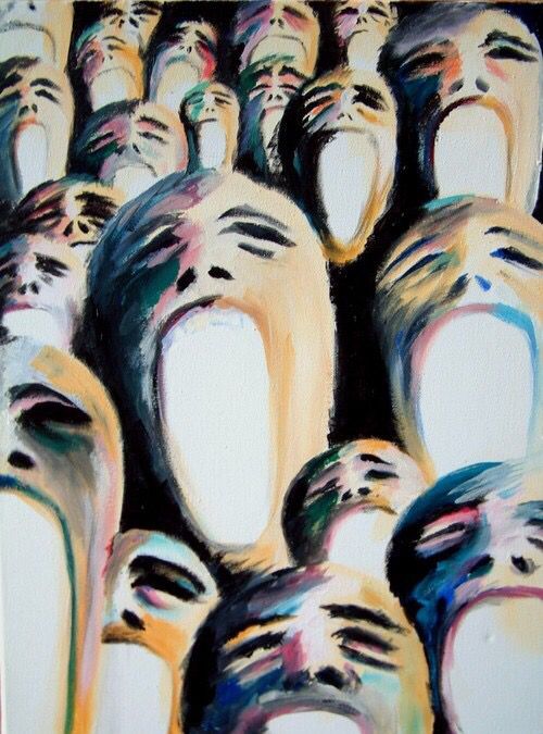 an abstract painting of many people with their mouths open and eyes wide open in front of them