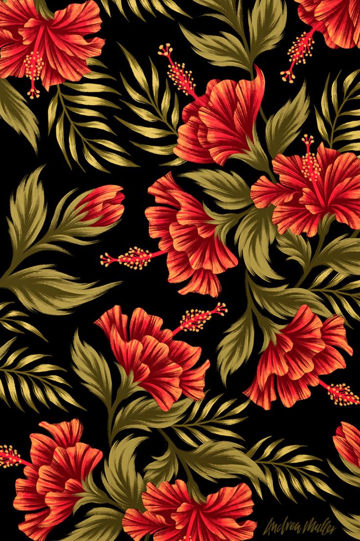 red flowers and green leaves on a black background