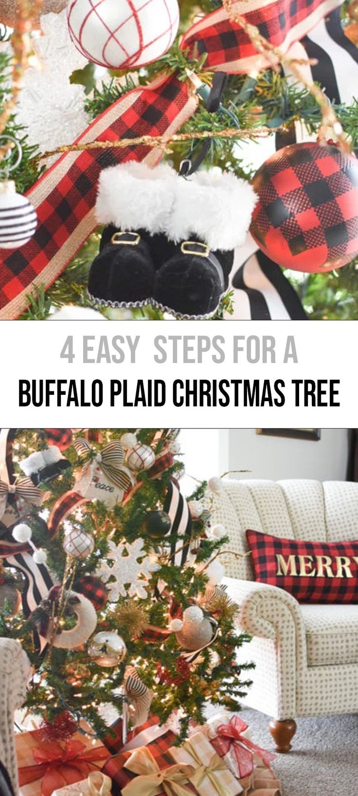 the christmas tree has been decorated with buffalo plaid