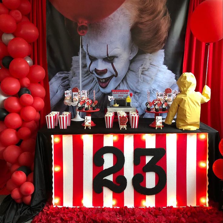 a circus themed birthday party with balloons and clowns on the table for guests to eat