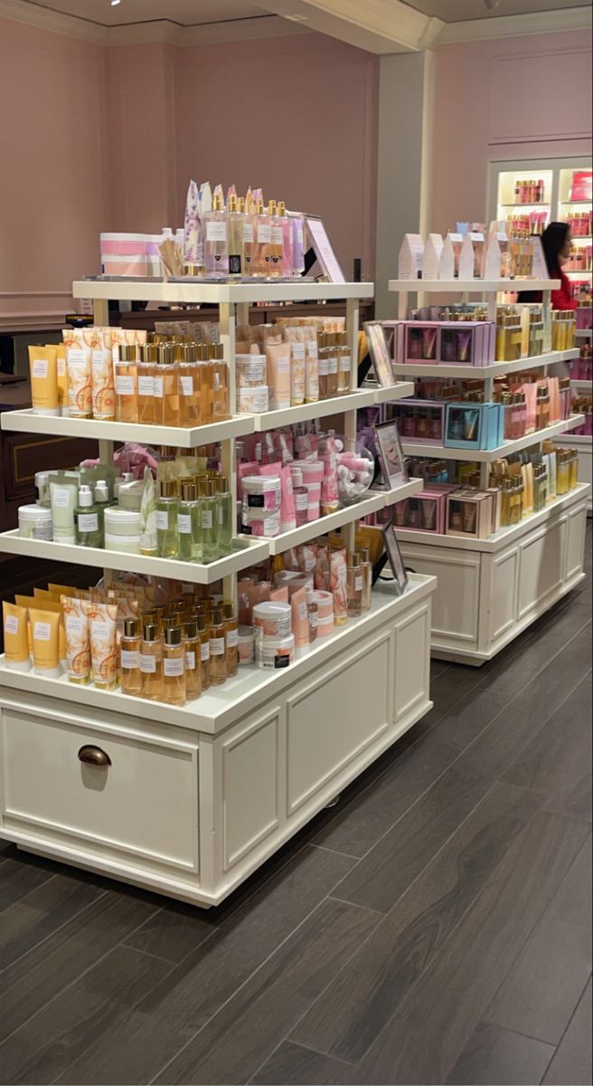 the inside of a store with shelves filled with different types of products and containers on them