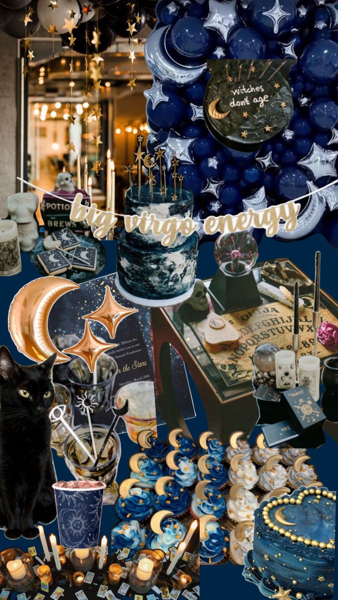 a collage of blue and gold themed items including cakes, candles, and balloons