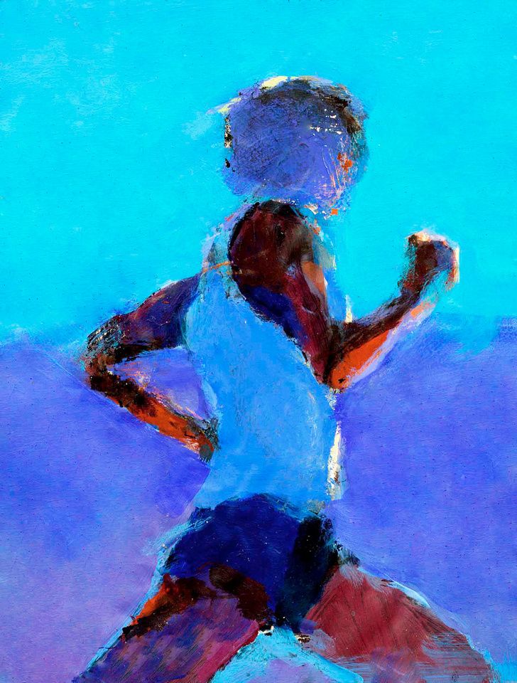 a painting of a person running on a blue background