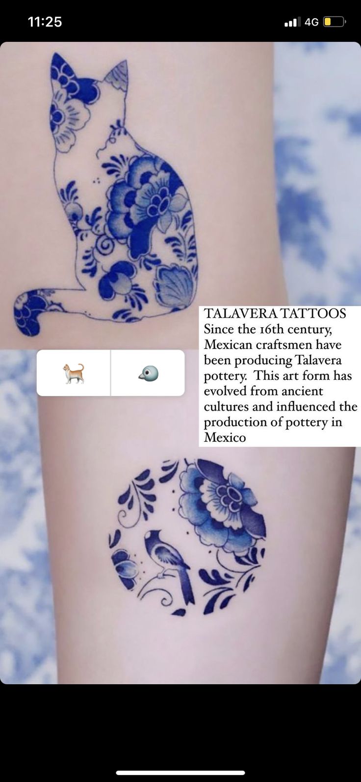 an image of a cat tattoo on the side of a woman's leg with blue flowers