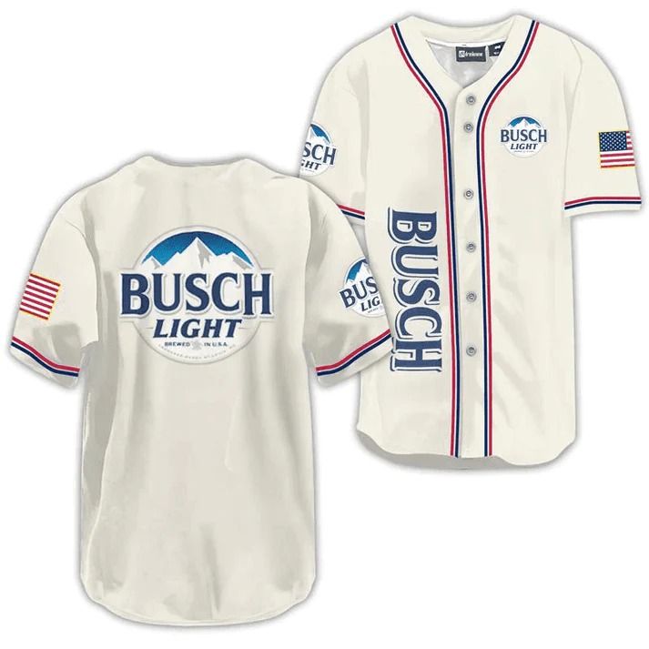 Busch Light USA Flag Baseball Jersey | Busch Light Jersey Shirt Collegiate Sports Jersey, Moisture-wicking Jersey Activewear For Sports Events, Sports Jersey With Letter Print For Sports Season, Sports Jersey With Letter Print, Sports Fan Jersey With Moisture-wicking, Sports Tops With Sublimation Print For Football, White Team Name Sportswear Activewear, White Team Spirit Activewear For Sports, Collegiate Breathable Tops For Team Events