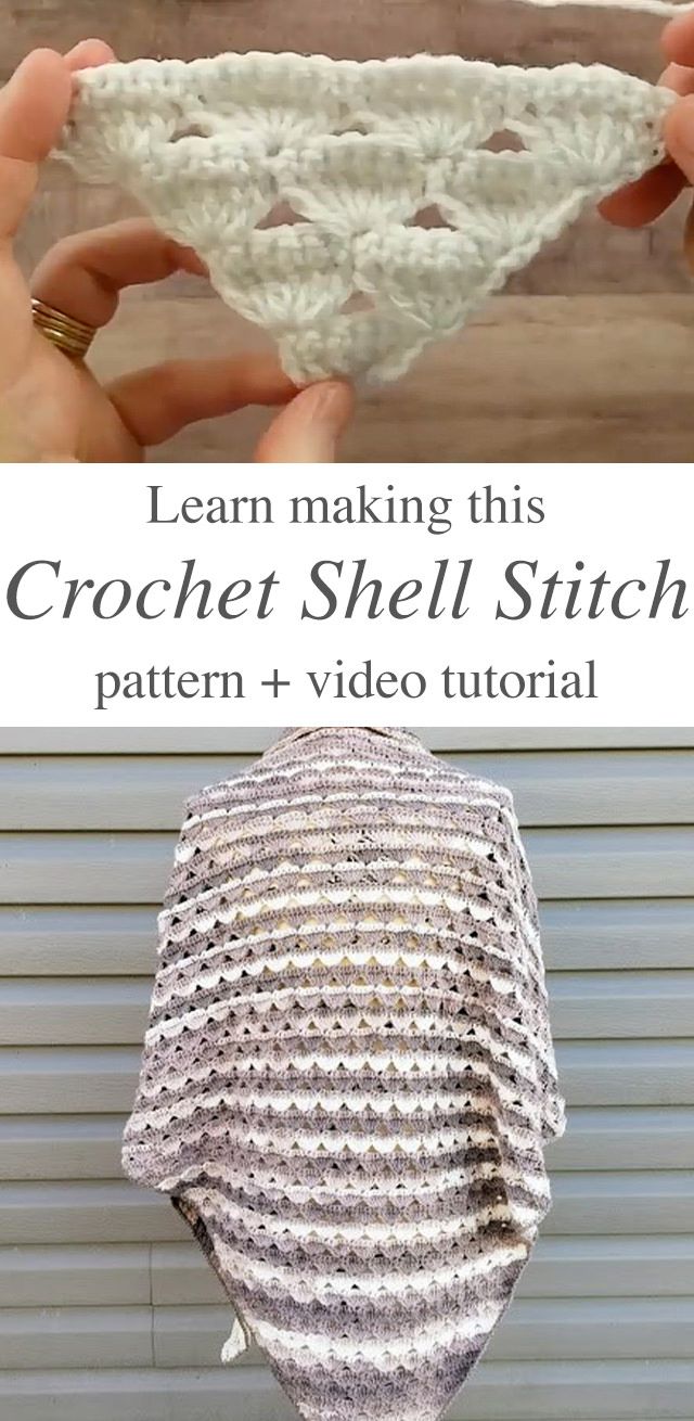 the crochet shell stitch pattern is shown with text overlay