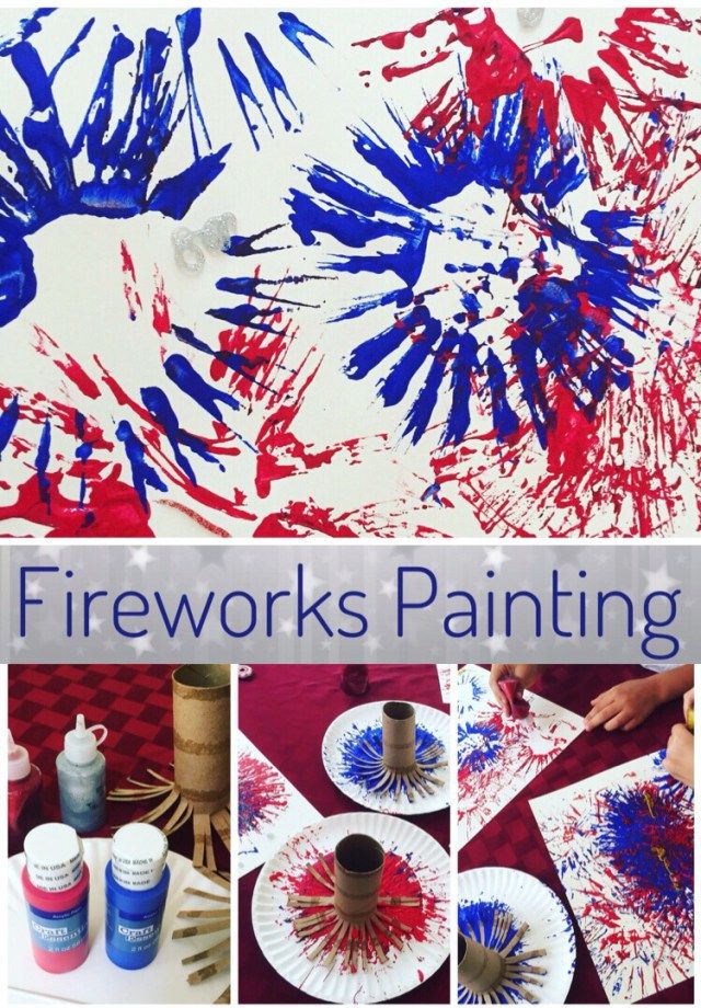 fireworks painted on paper plates with red, white and blue paint