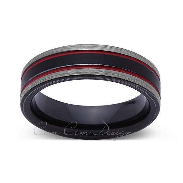 men's black ceramic ring with red and grey stripes inlayed to the center