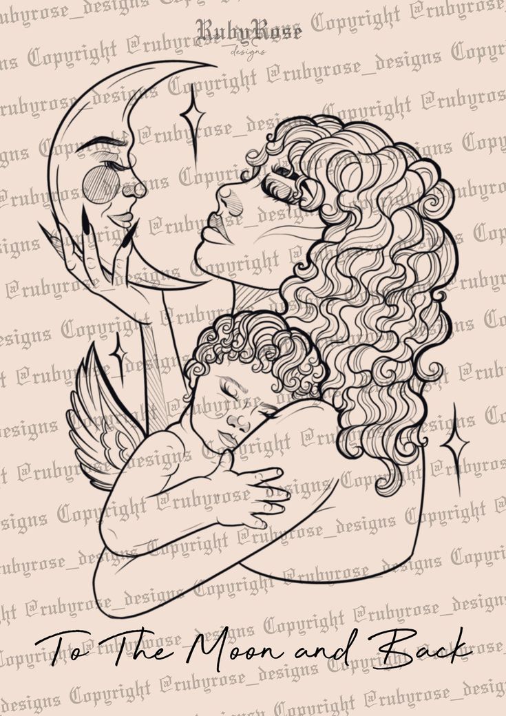 a drawing of two women hugging each other with the words to the moon and back