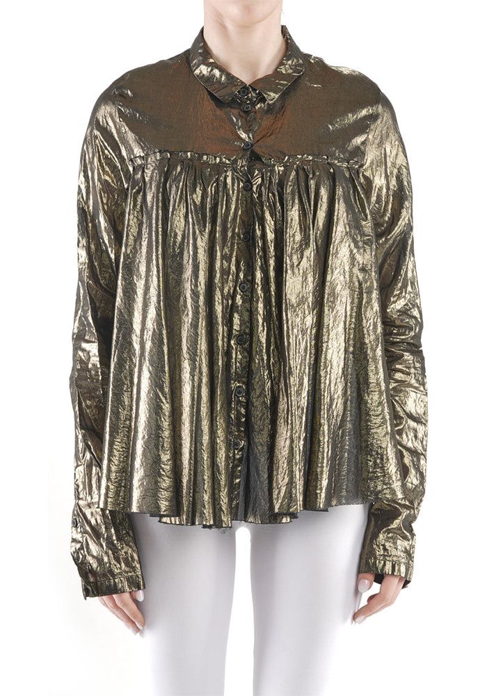 Gold Foil Pleat Back Blouse | Rundholz Luxury Gold Blouse For Workwear, Designer Party Tops For Fall, Luxury Gold Tops For Workwear, Designer Fall Party Tops, Luxury Gold Top For Workwear, Luxury Gold Tops For Work, Designer Blouse For Night Out In Spring, Designer Fall Blouse For Night Out, Designer Blouse For Fall Night Out