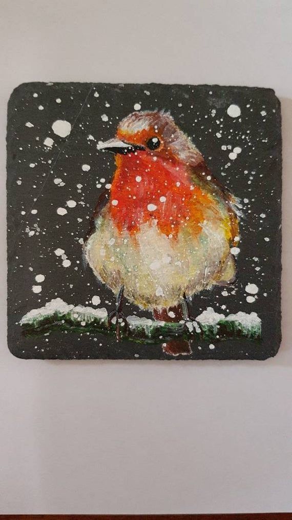 a painting of a bird sitting in the snow