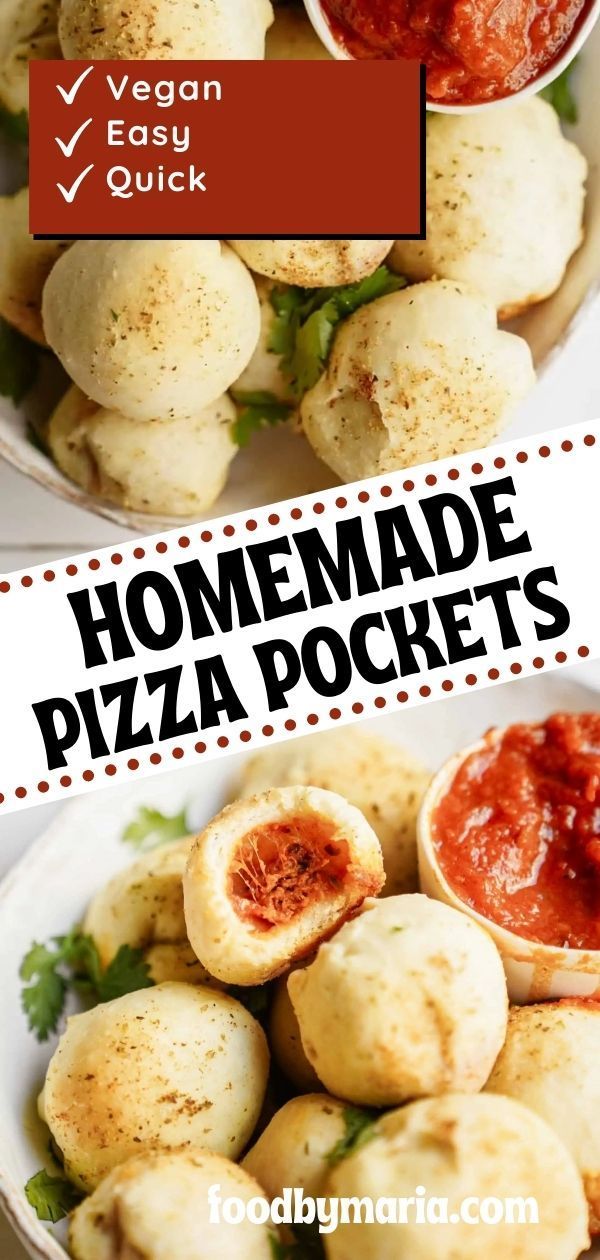 homemade pizza pockets with tomato sauce on top and the words vegan easy quick below