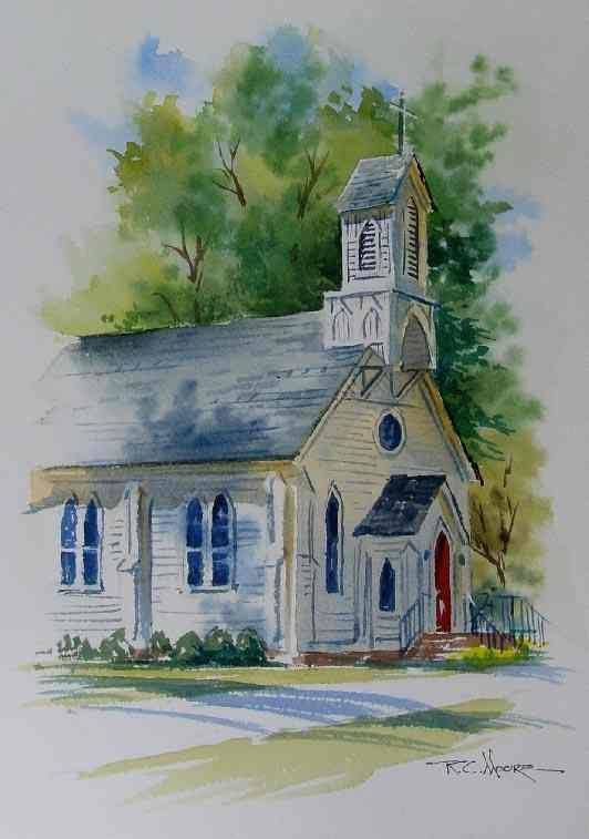 a watercolor painting of a church with the words happy sunday