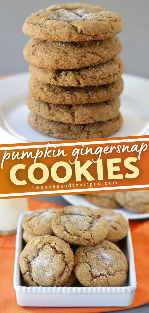 pumpkin ginger snap cookies are stacked on top of each other in a white dish with the title above it