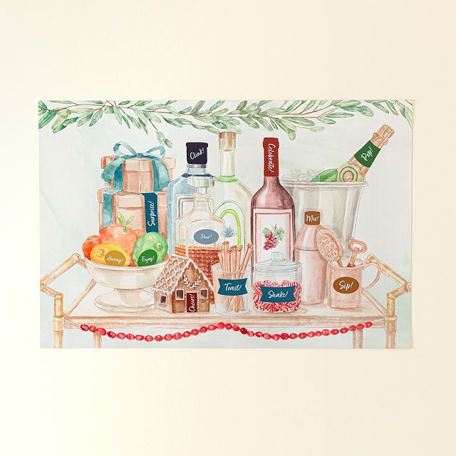 a watercolor painting of bottles and other items on a table with a ribbon around it