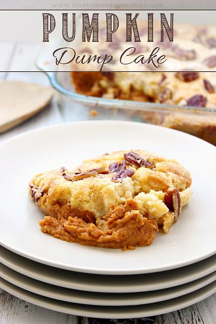 pumpkin dump cake on a stack of plates