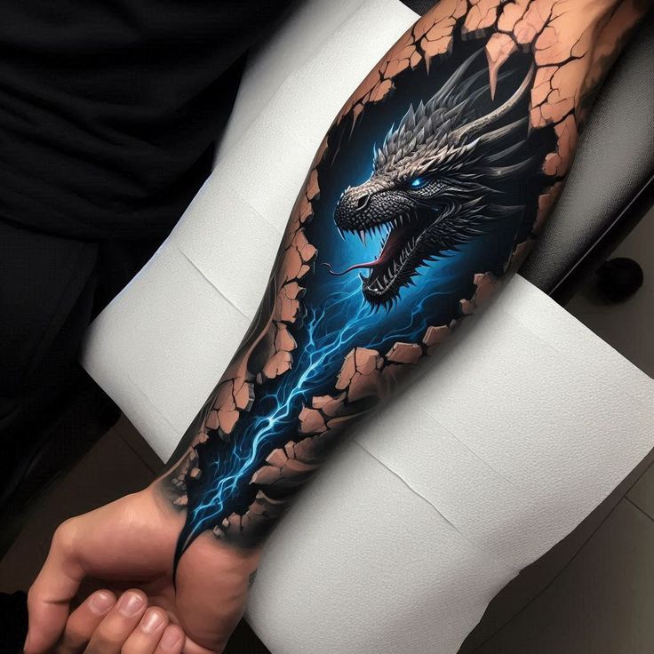 a man's arm with a dragon on it and lightning coming out of it