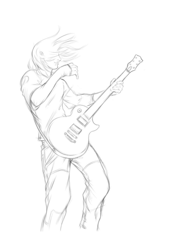 a drawing of a person playing an electric guitar with one leg up and the other hand on