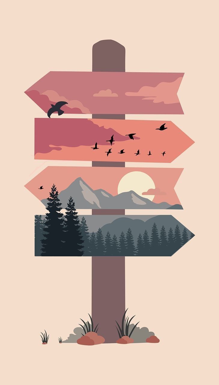 an arrow sign with birds flying over mountains in the sky and trees below it, as well as other signs pointing to different destinations