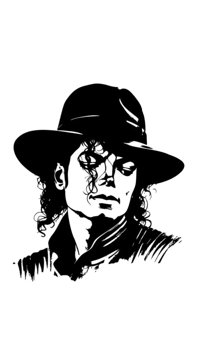 a black and white drawing of a man wearing a hat with long curly hair on his head