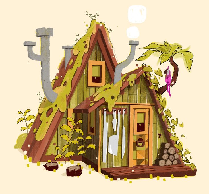 a drawing of a house with trees and plants on the roof, next to it is a pink bird